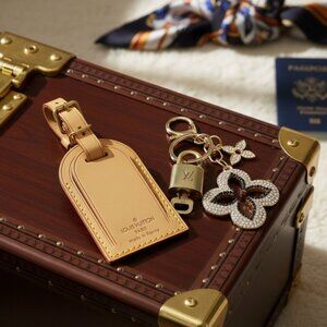 Authentic Louis Vuitton Luggage Nametag and Gold Padlock with Unbranded Keycharm